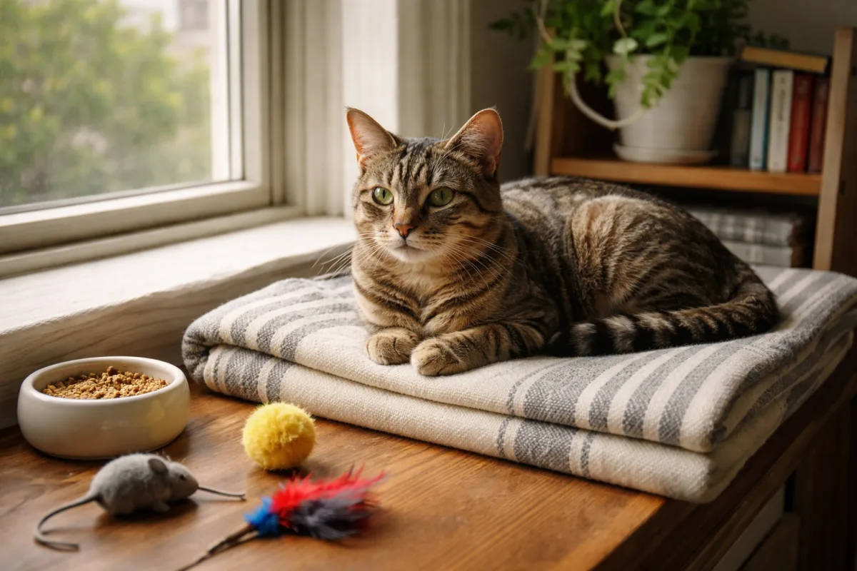 Tabby cat resting on a blanket
