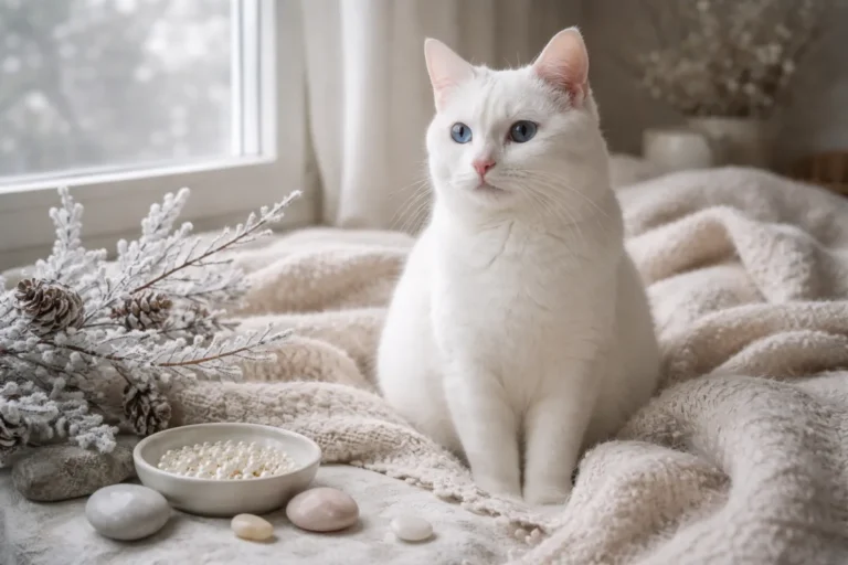 White cat beside snow and pearl objects